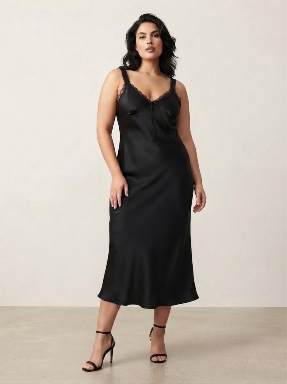 bebe Black Satin Lace-Trim Midi Slip Dress